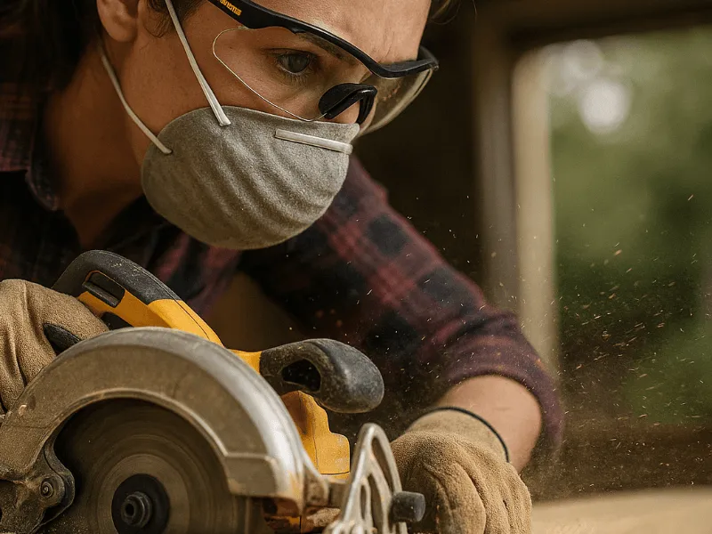Carpenter wearing DeWalt sun and safety work glasses while sanding timber Sun & Safety Work Glasses