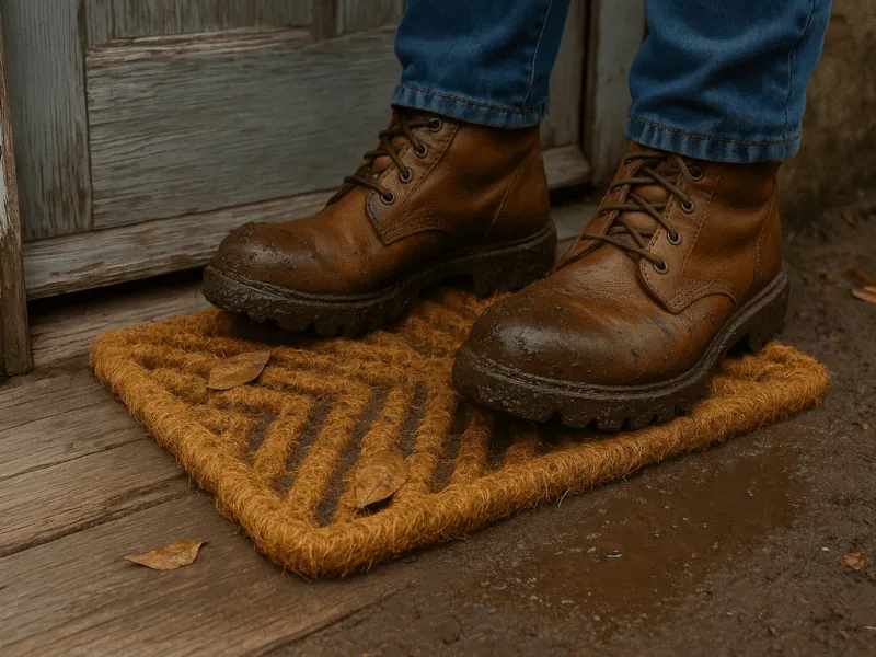 Fixman coir door mat with muddy boots at a back entrance – outdoor use in action Door Mats