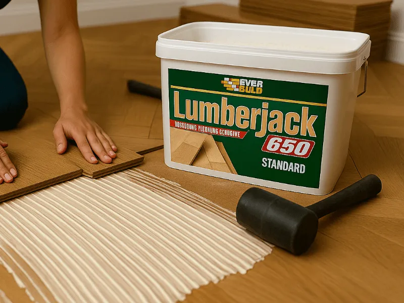 Everbuild Lumberjack 650 used on herringbone flooring with adhesive applied to subfloor Wood Flooring Adhesive