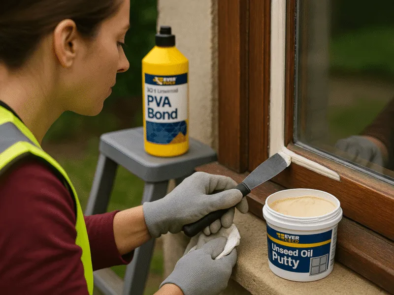 Contractor applying linseed putty with Everbuild products during window restoration Building Products
