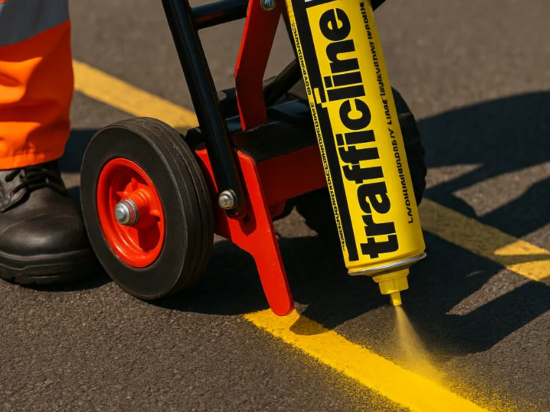 Worker applying yellow traffic line marking paint on asphalt using inverted Everbuild spray can in applicator trolley Line Marking Paint