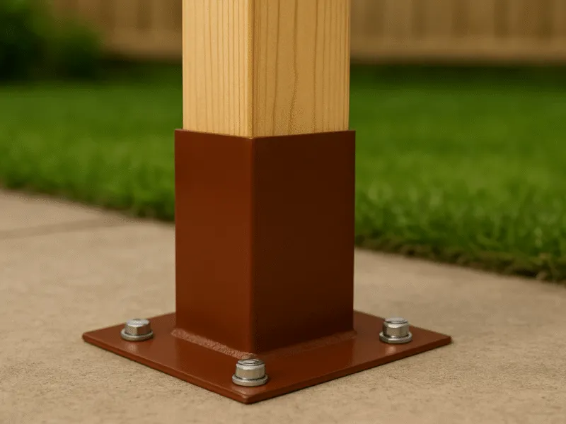 Fence post securely fixed in a bolt-down shoe on a concrete patio surface Fence Post Shoes