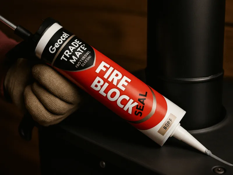 Applying Geocel Fire Block Sealant to a stove flue with caulking gun Fire Block