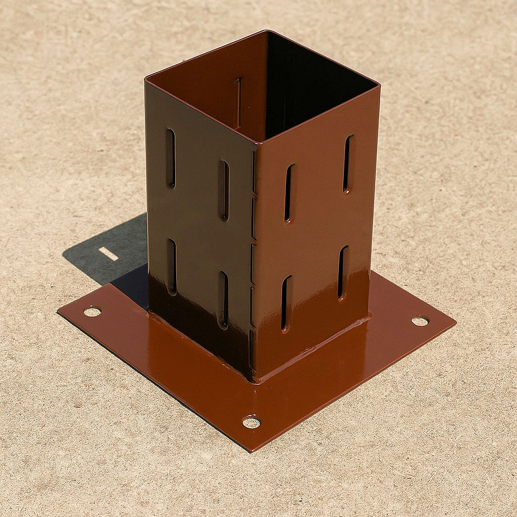 Brown metal garden fence post shoe with bolt down mounting holes for 75mm timber. on concrete