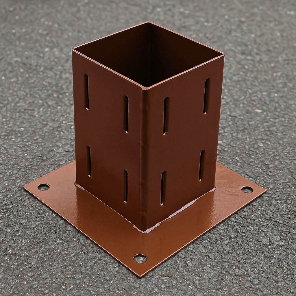 Brown metal garden fence post shoe with bolt down mounting holes for 75mm timber on tarmac