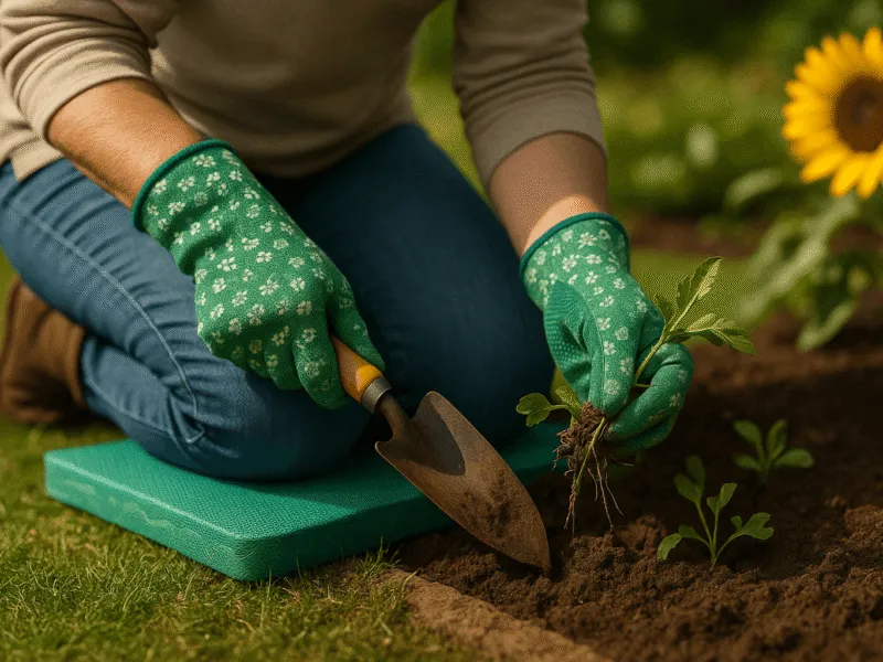 Gardening gloves in action with kneeling pad on flower bed Garden Gloves and Knee Protection