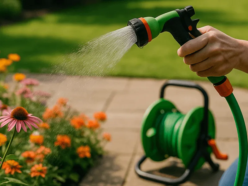 Close-Up of Garden Hose Pipe and Spray Gun Watering Outdoor Flowers Garden Hose Pipe and Connectors