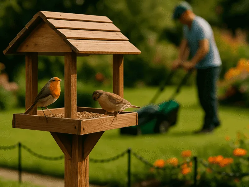 Various Garden Mixed Items with a focus on a Wooden Bird Table with Feeding Birds in Sunny Garden Scene Garden Accessories and Essentials