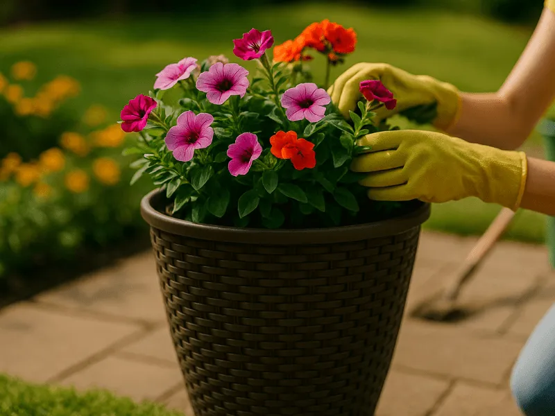 Woman Tending to a Large Garden Planter with Blooming Flowers Garden Plant Pots, Hanging Baskets and Containers