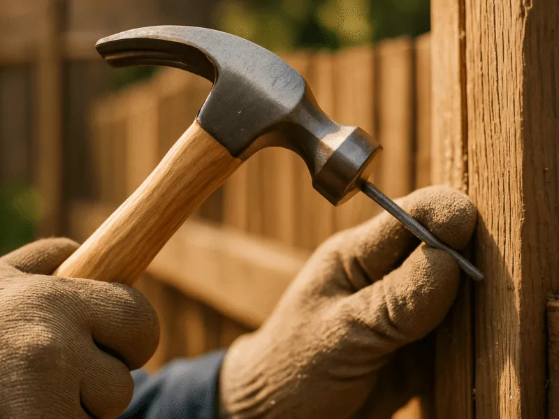 Close-Up of Hammer Driving Nail into Fence Post – Hammers and Striking Tools in Use Hammers and Striking Tools