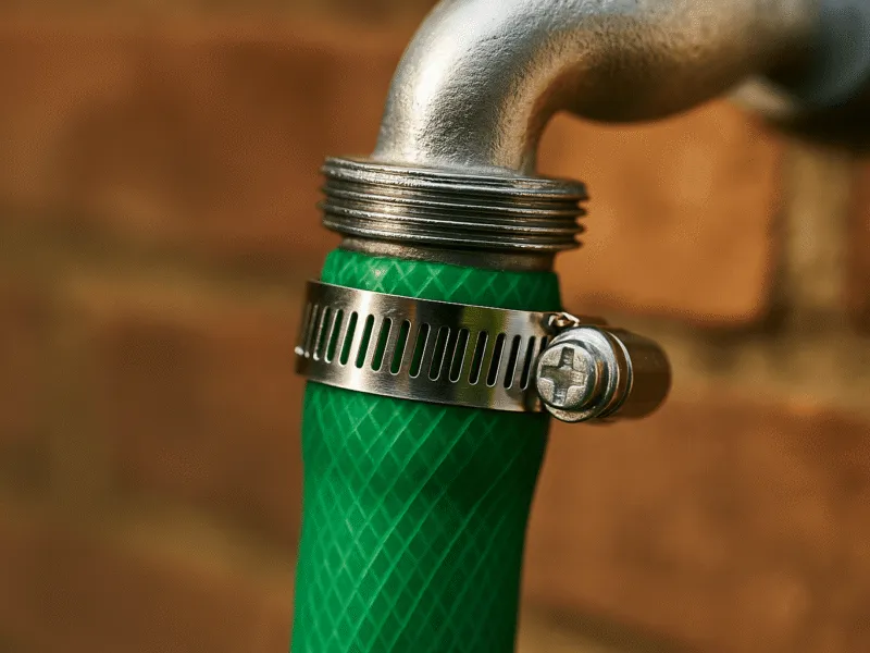 Hose clamps and clips fitted securely to an outdoor tap for garden watering systems Hose Clamps and Clips