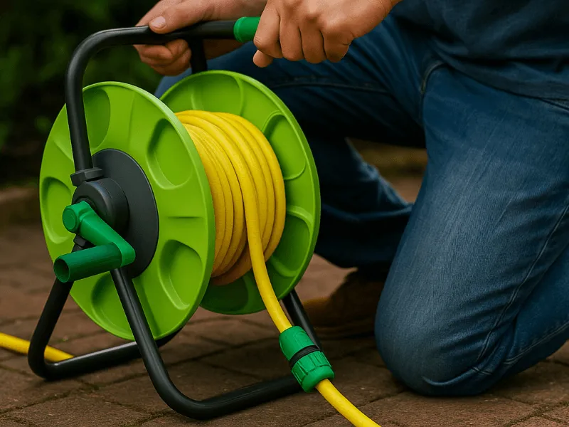 Unwinding a garden hose reel to demonstrate hose pipes and reels in practical garden use Hose Pipes and Reels