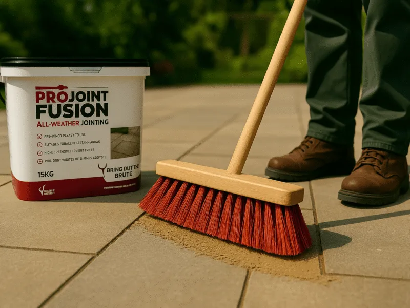 Brushing ProJoint Fusion Jointing Compound into Patio Paving Slabs on a Dry Day Jointing Compounds