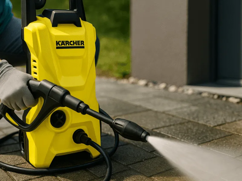 Cleaning paving with a Karcher pressure washer in a garden setting Pressure Washers