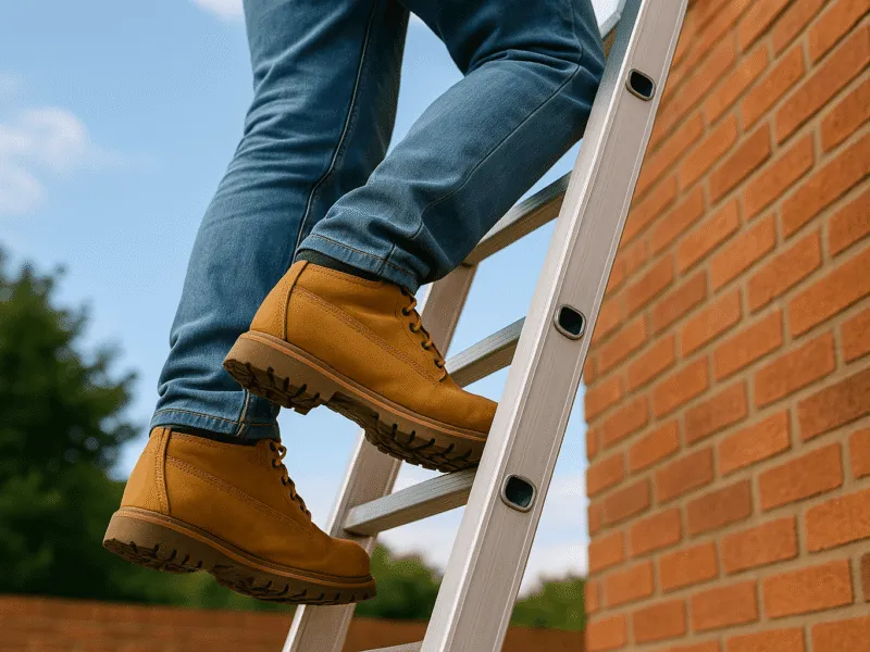 Close-Up View of a Worker Climbing an Aluminium Ladder at a Brick Building – Ladders and Access Equipment in Use Ladders and Access Equipment