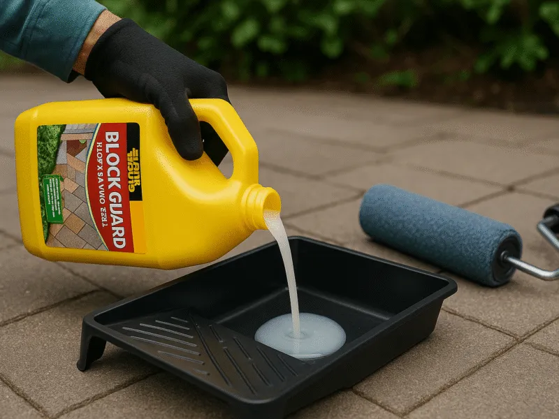 Landscaper pouring Everbuild paving sealer into a tray ready for patio application Landscaping Products