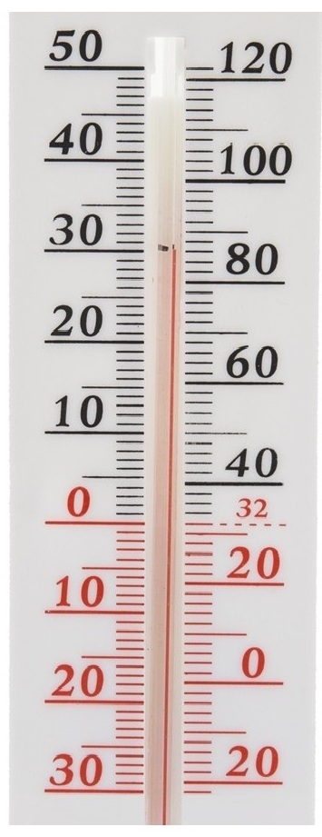 Large garden wall thermometer with Celsius and Fahrenheit scales closeup