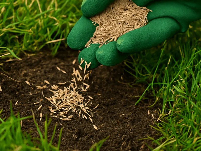 Green-gloved gardener applying grass seed to bare patch as part of regular lawn care Lawn Care