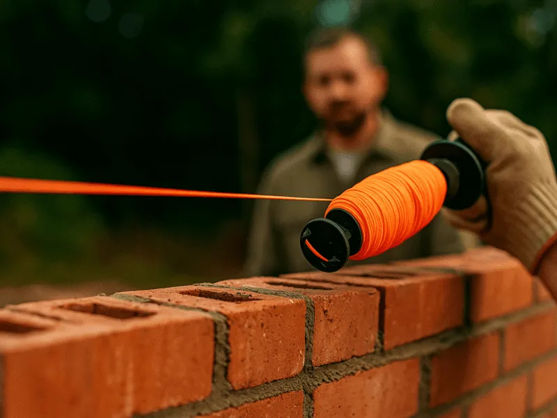 Bricklayer using a taut brick line for precise level alignment during wall construction Levels