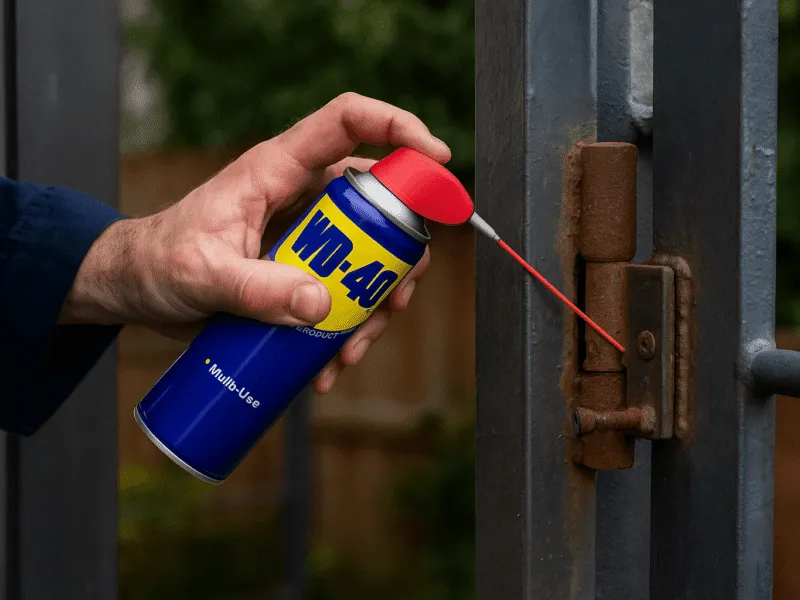 Lubricants and maintenance spray in use as a worker applies WD-40 to a metal gate hinge Lubricants and Maintenance Sprays