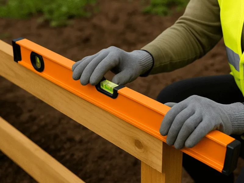 Using a spirit level to align timber during outdoor measuring and marking tasks Measuring and Marking