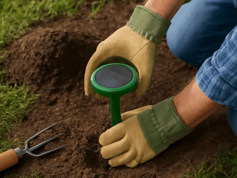 Installing a solar-powered mole repeller in the garden for mole control Mole Control