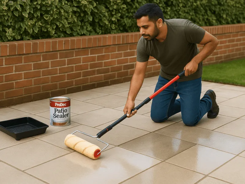 Sealing a garden patio using a ProDec 12-inch paint roller sleeve with tray and sealer tin Paint Roller Sleeve - 12 inch