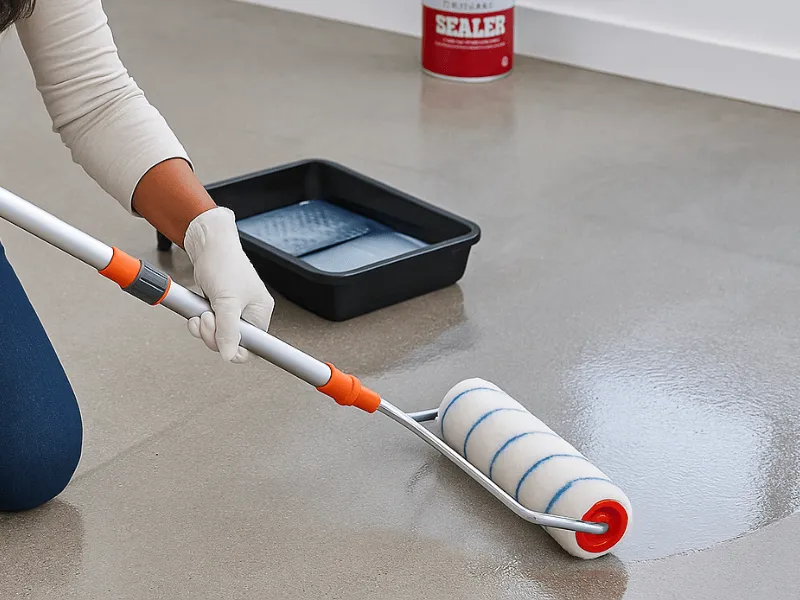 Applying floor sealer with a ProDec solvent-resistant paint roller sleeve Paint Roller Sleeve Solvent Resistant