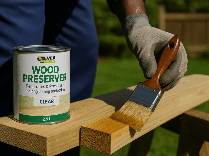 Applying clear wood preserver to exposed timber grain outdoors for long-lasting rot protection Paints Stains & Varnish