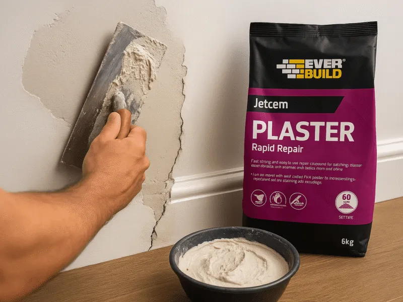 Everbuild Jetcem patching plaster being applied to a damaged wall with a trowel for repair Patching Plaster and Cement