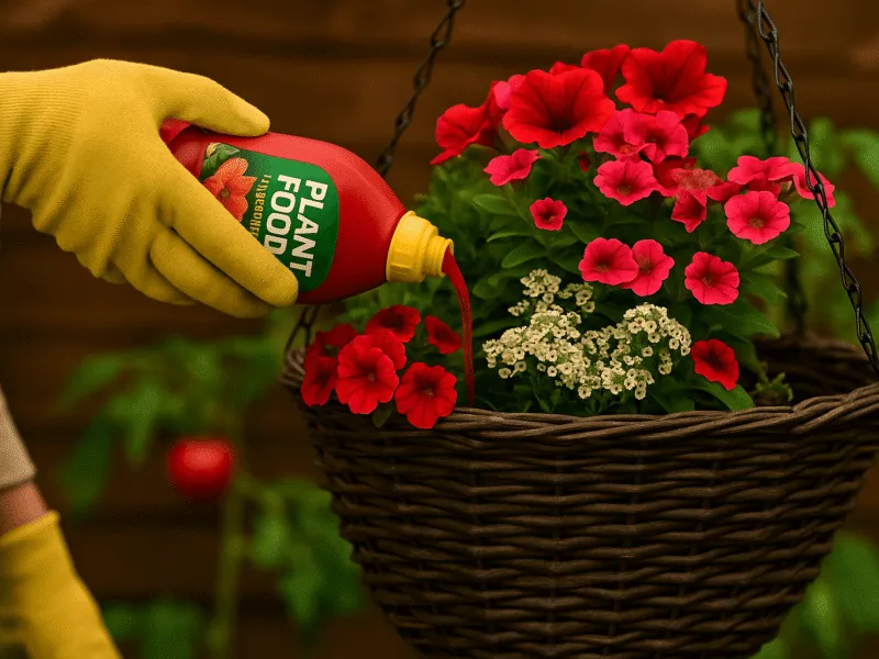 Pouring Liquid Fertiliser into a Hanging Basket for Healthy Plant Growth Plant Feed and Fertiliser