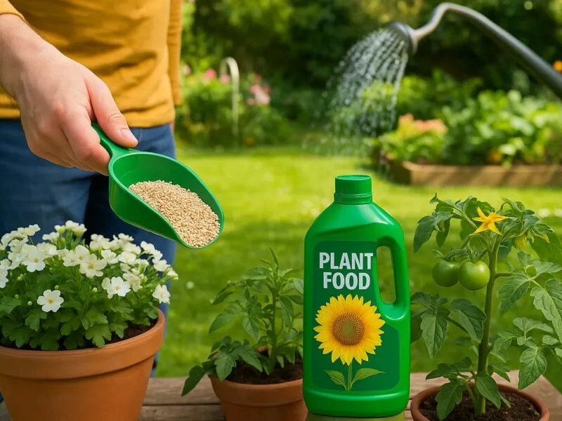 Applying Granular Plant Fertiliser with Liquid Plant Food in a Garden Setting Nourish Your Garden