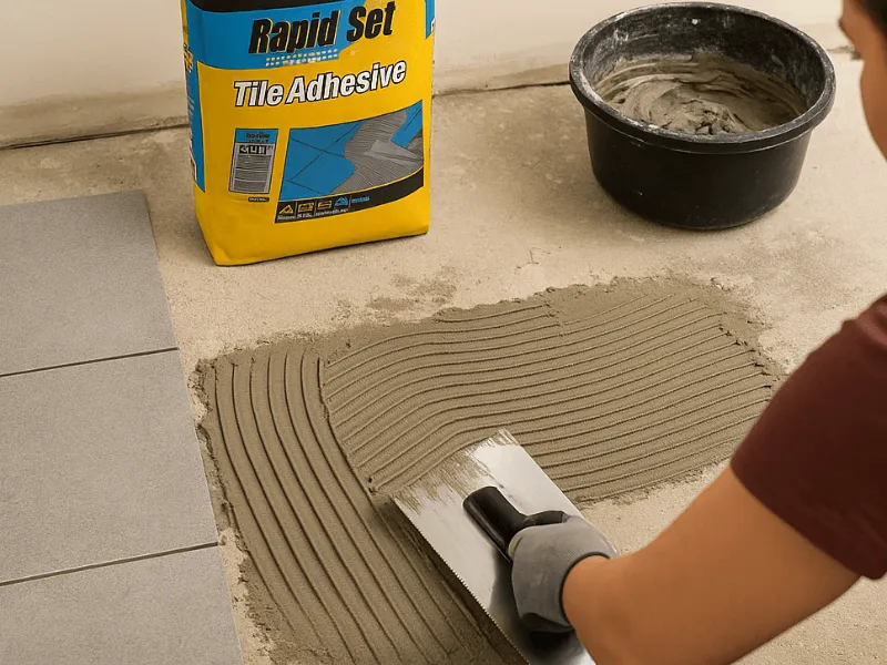 Applying Everbuild powder tile adhesive to secure floor tiles in a residential renovation Powder Tile Adhesive