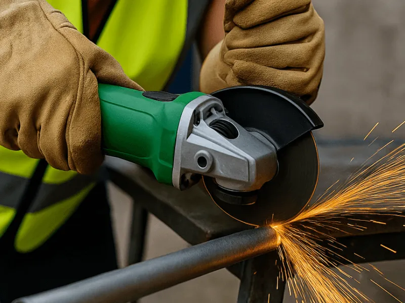 Cutting Through Metal Pipe with Angle Grinder in Use – Close-Up Action Shot Power Tools and Accessories