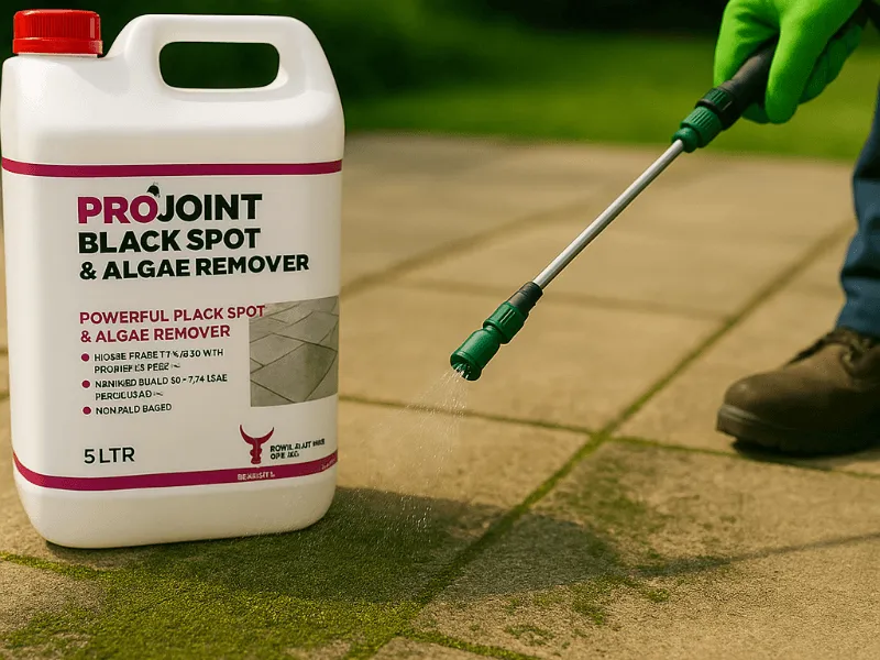 Spraying Nexus ProJoint Black Spot & Algae Remover on Mossy Patio Slabs Outdoors Cleaners
