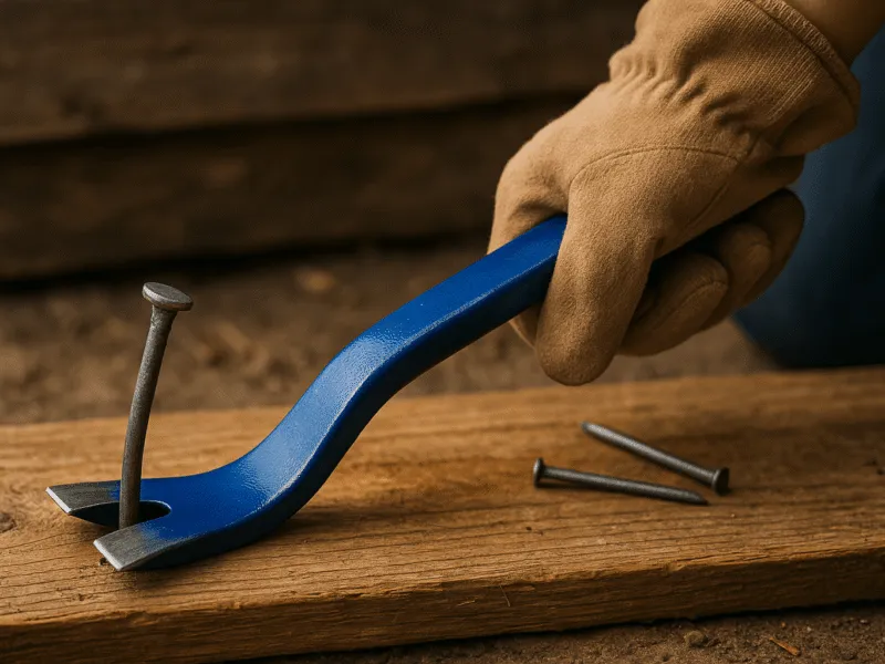 Close-up of pry bar removing a nail from timber in a workshop Pry Bars