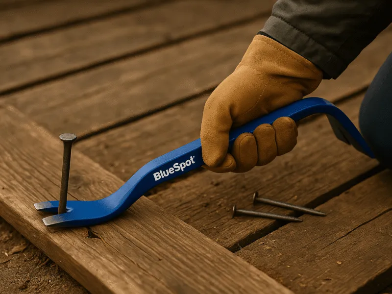 Using a Blue Spot pry bar to lift old decking boards on a building site Pry Bars