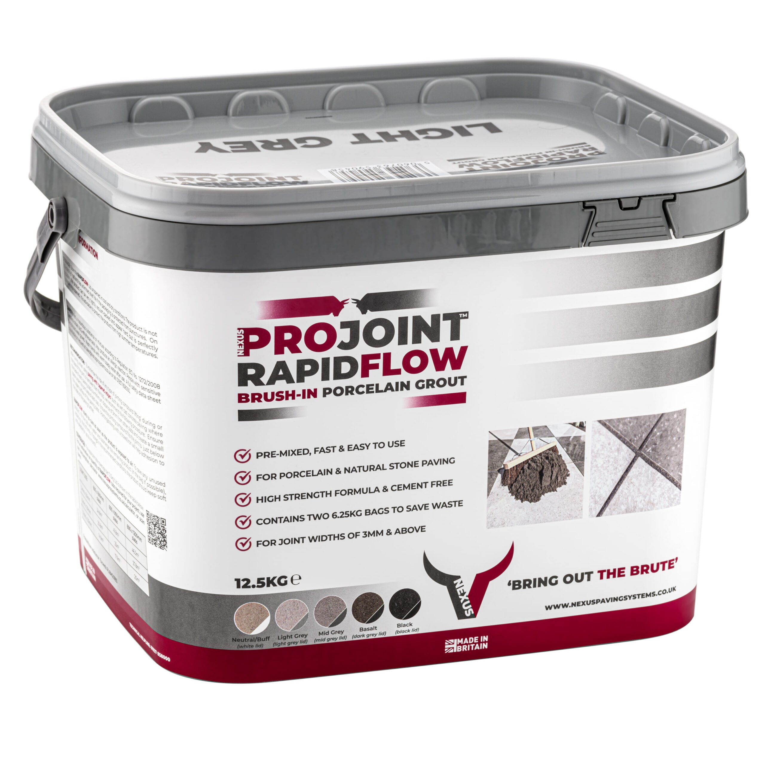 Projoint RapidFlow Brush-in Porcelain Grout - LIGHT-GREY, 12.5kg - Side View