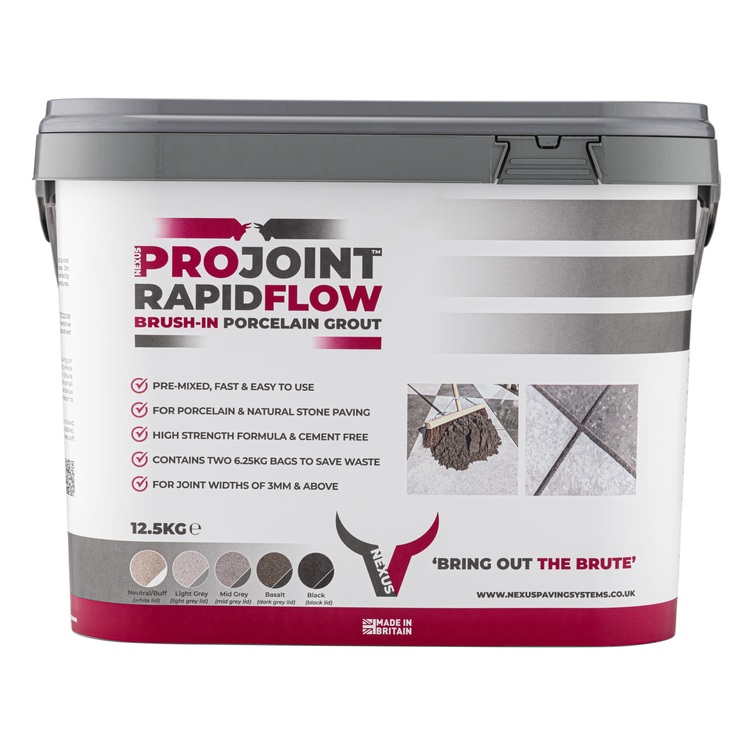 Projoint RapidFlow Brush-in Porcelain Grout - MID-GREY, 12.5kg - Front View