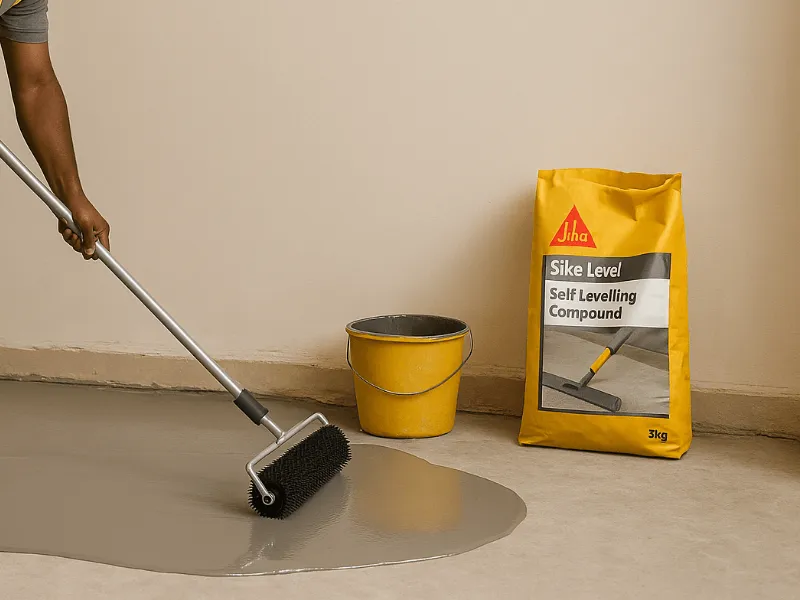 Construction worker levelling concrete with Sika Self-Levelling Compound and spiked roller Self-Levelling Compounds