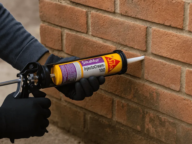 Over-the-shoulder application of SikaMur InjectoCream for treating rising damp in brickwork Waterproofing and Damp Proofing