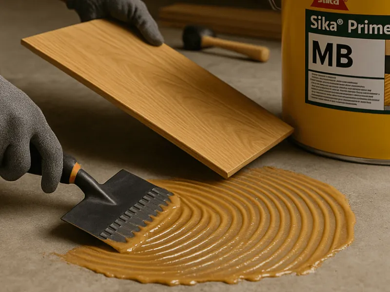 Applying Sika Wood Flooring Adhesive on a subfloor during home renovation Wood Flooring Adhesive Systems