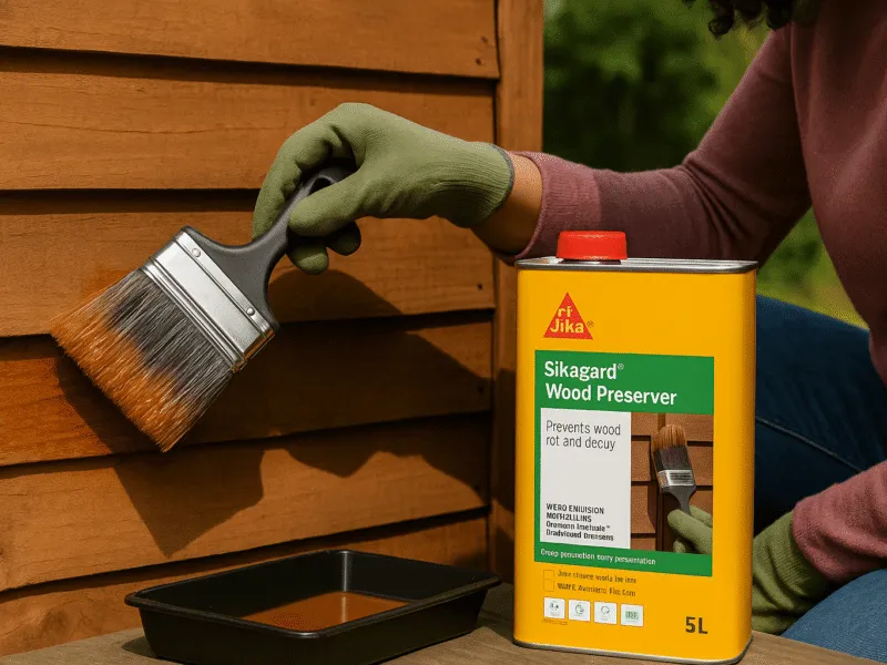 Applying Sika Wood Preserver to garden timber fencing to protect against moisture and pests Wood Preserver and Pest Treatment