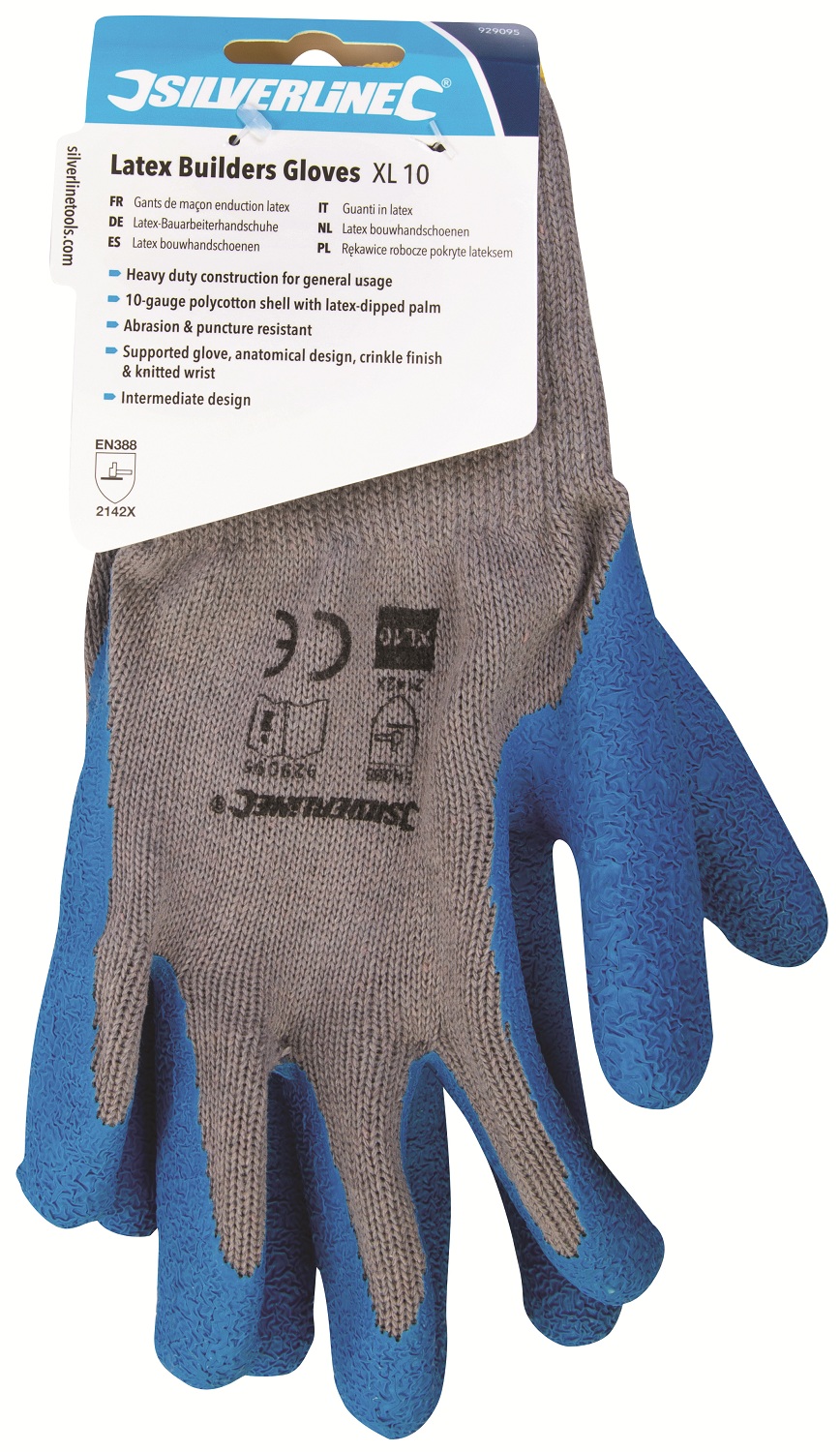Pair of blue and grey builders gloves with abrasion resistant palms in packaging