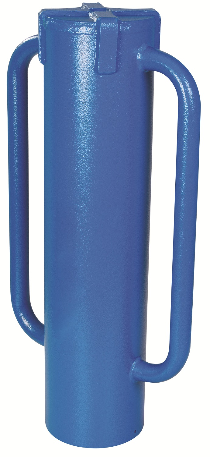 Blue steel rammer tube driver with handles next to a wooden fence post view 1