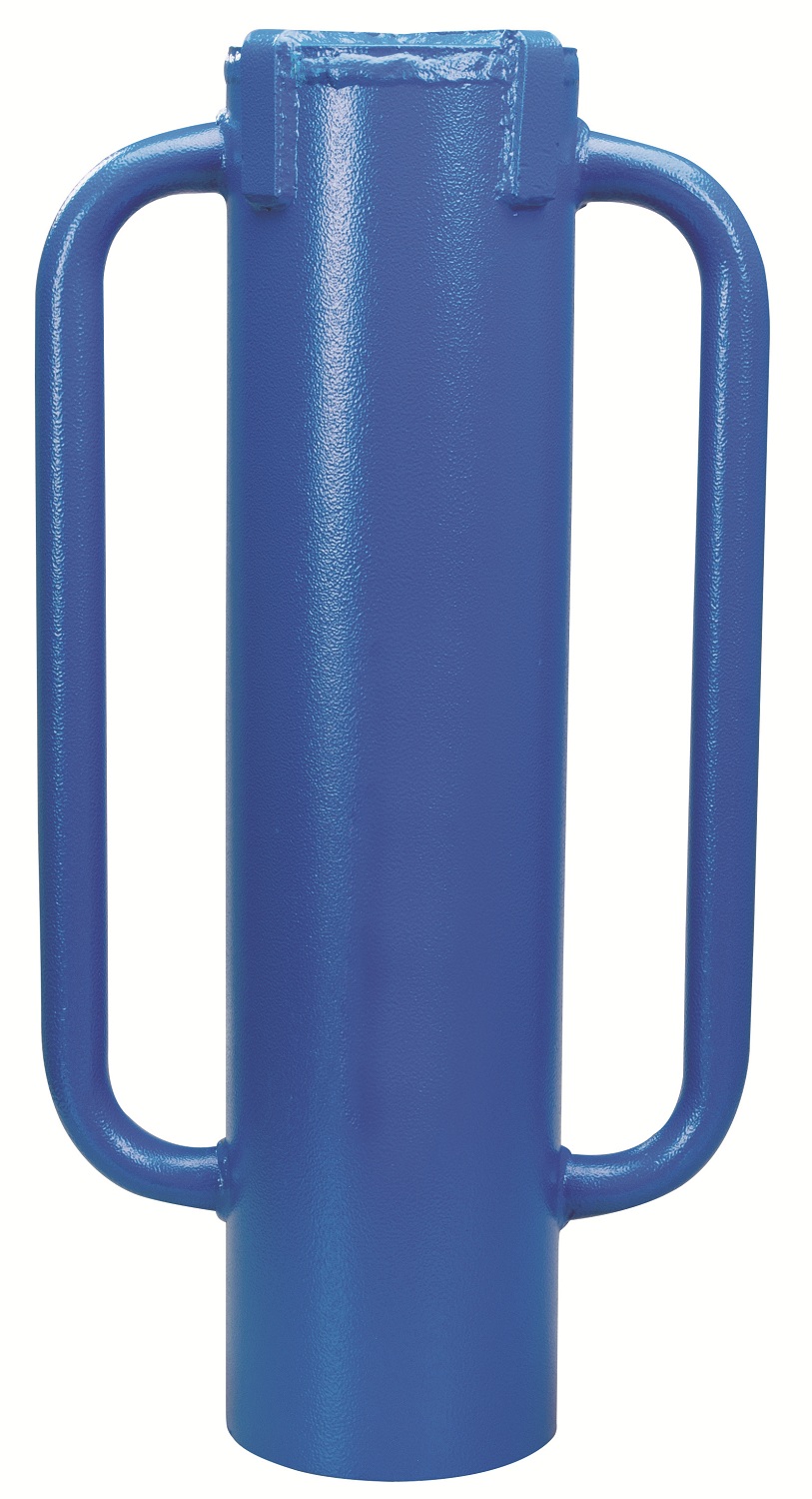 Blue steel rammer tube driver with handles next to a wooden fence post vertical