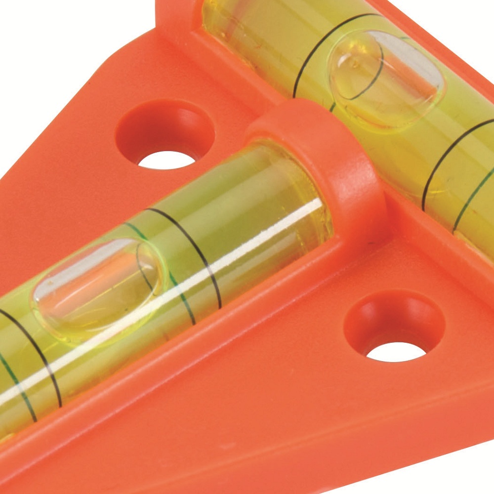 Orange mini 2-way spirit level with two bubble vials for post caravan levelling close up