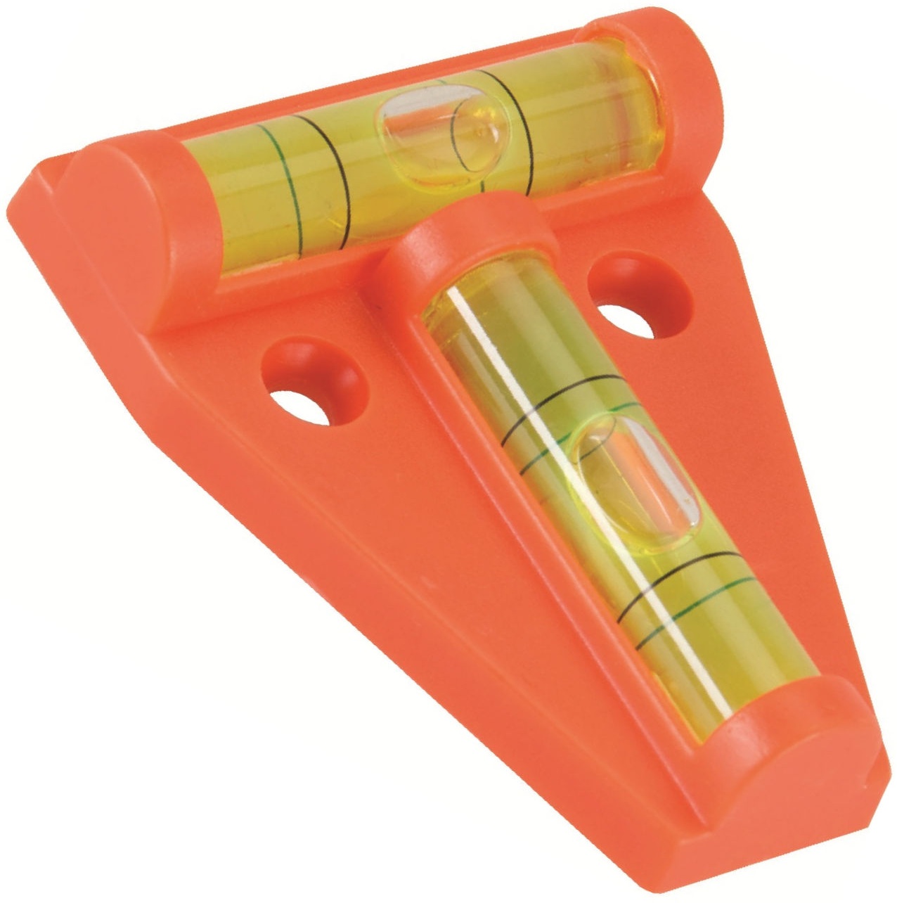 Orange mini 2-way spirit level with two bubble vials for post caravan levelling main view