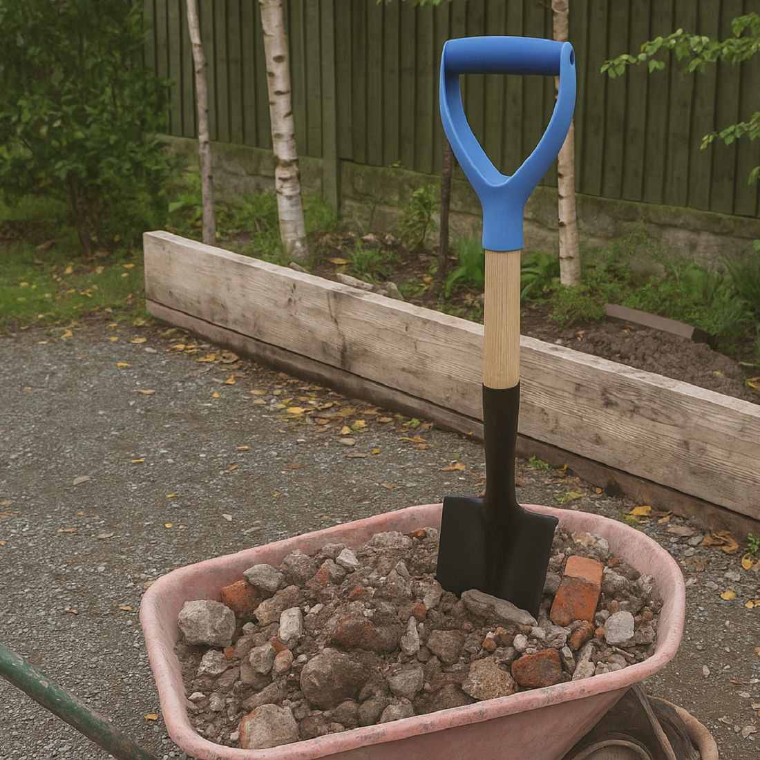 Silverline Tools stubby short square head garden shovel with a blue handle and wooden shaft, rubble in wheelbarrow