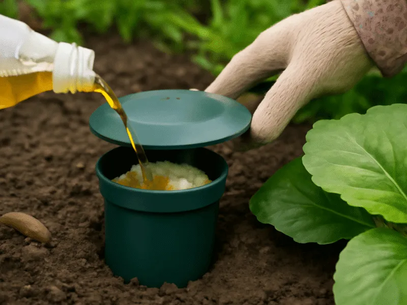 Pouring slug bait into Fixman snail trap in a garden bed Slug Control